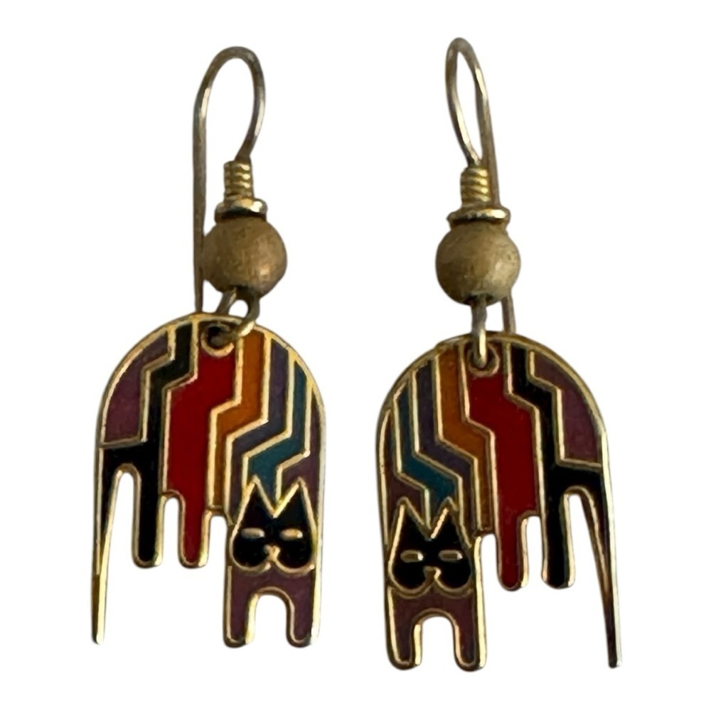 LAUREL BURCH Earrings Rainbow Cats Aztec Hoop Jewelry Vintage Gold Bead Drop